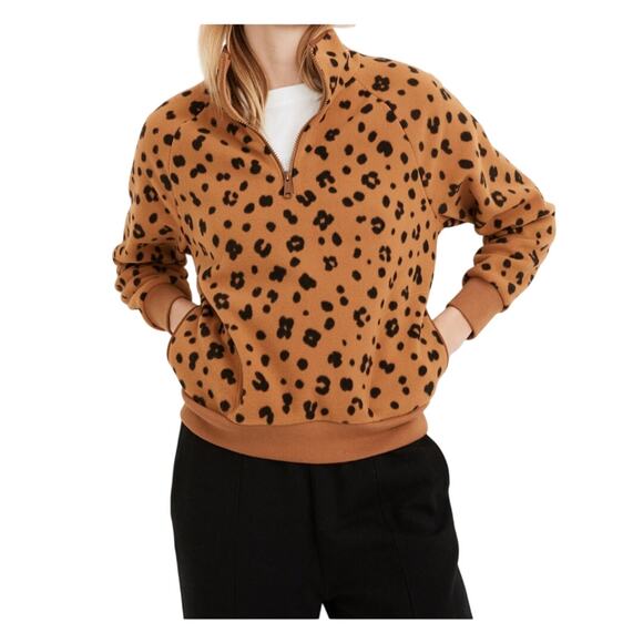 MWL Madewell Womens Better Fleece Half Zip Cheetah Print Sweatshirt Size L - Picture 1 of 7